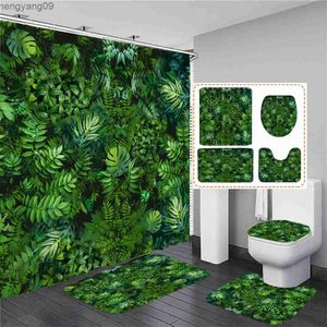 Shower Curtains Green Leaf Plant Print Shower Curtain Set leaves Fabric Bathroom Curtains and Anti-slip Bath Mats Carpets Rugs R230822