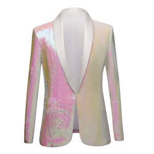 Men Pure White Pink Sequin Shawl Lapel Suit Blazer Double Side Fashion Male Prom Dress Suit Jacket Night Club Singer Slim Fit Tuxe189A