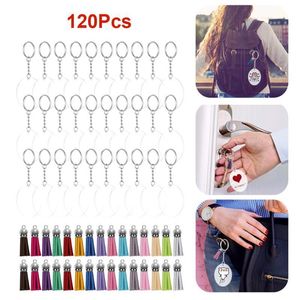 120Pcs Transparent Acrylic Keychain Blanks Set Round Pendant Charm Tassel Jump Rings DIY Chain Keyring Set Perfect Party Favors262v