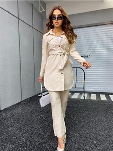 Women's Leather Spring Autumn Women PU Jacket Casual Lady Single Breasted Sash Tie Up Midi High Street Coat