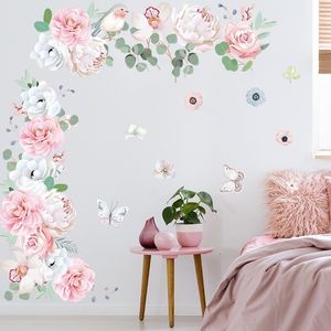 Adesivos de parede coloridos pequenos flores de peônia rosa fresco folhas verdes decoração de decoração de decoração de quarto para banheiro 230822