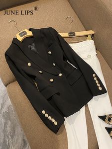 Women's Suits Blazers JUNE LIPS All-Match Dusty Pink Green Blue Nude Black Blazer Jacket Women's Gold Buttons Double Breasted Blazer XS-5XL 230822