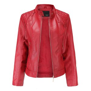 Damen Leder Kunstjacke Frauen Reißverschlüsse Frühling Herbst PU Mandarin Kragen Red Motor Biker Mantel Frauen übergroß 230822