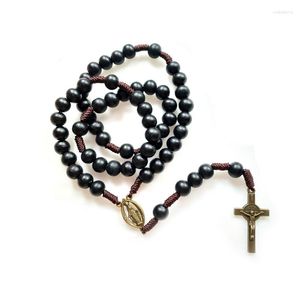 Pendant Necklaces QIGO Black Wood Weave Rosary Necklace For Men Women Cross Religious Jewelry