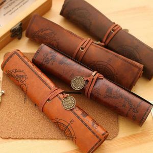 Learning Toys Vintage Retro Treasure Map Canvas Leather Pencil Cases Large Cpacity Makeup Brush Pouch Stationery Storage Bags Supplies R230822