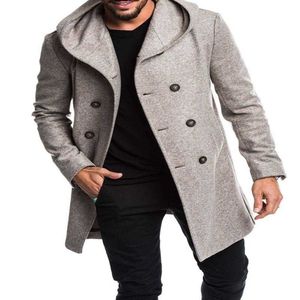 Herren-Grabenmäntel 2021 Herren Mantel Langer Woll-Mantel Doppelbrust Herbst Herum Hooded Men Windbreaker Casual Jacket Outwearfz48