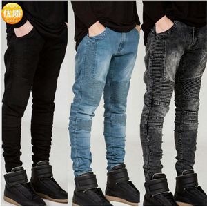Мужские джинсы Мужчины, завязывание с высокой талией, джинсовая пленка летняя мужская одежда байкер прямая джинсовая ткань вымытая дырочная брюка1991