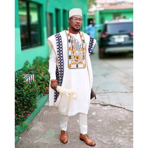 Ethnic Clothing H D African Clothes for Men Traditional Rich Bazin Original Embroidery White 3 PCS Set Wedding Party Occasion 230821