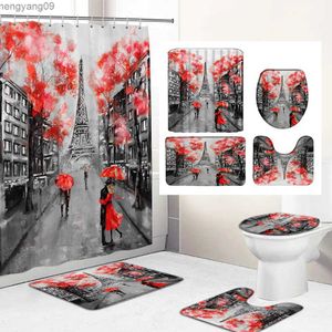 Shower Curtains Red Umbrella Lover Paris Tower Shower Curtain Bathroom Curtain Set and Bathtub Cover Non-slip Rugs Bath Mat Carpet R230822