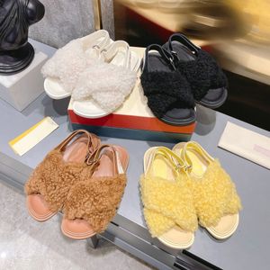 NY FUSSBETT PATCH SLINGBACK SANDALS RUND Öppen tå lädergummisula slip på lägenheter Womes lyxdesigners Casual Lamb Fur Shoes Factory Footwear Storlek 35-40 med låda