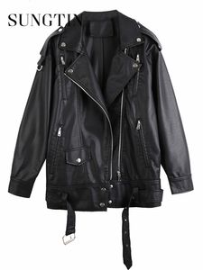 Women's Leather Faux Sungtin Black PU Jackets Women with Belt Oversized Korean Loose Motorcycle Fashion Causal Outerwear 230822