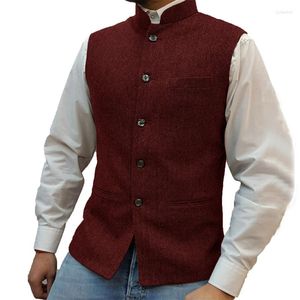 Men's Vests Men Herringbone Single Breasted Slim Fit Stand Collar Punk Plus Size Outwears Padded Vest Work Clothes Four Coat Male Seasonal