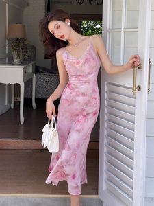 Casual Dresses Summer Fairy Long Dress for Women Elegant Sweet Pink Print Sexig rem Slim Midi Party Beach Robe Femme Mujer Vestidos Street