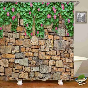 シャワーカーテン3D花植物レンガ造りの壁の風景シャワーカーテン防水バスルームカーテンホーム装飾カーテンR230822