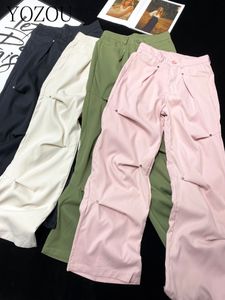 Women s Pants s YOZOU Y2k Cotton Cargo Baggy Wide Leg Trousers with Rivets Oversize Bottoms Pink Black Green White Rave Outfits 230822