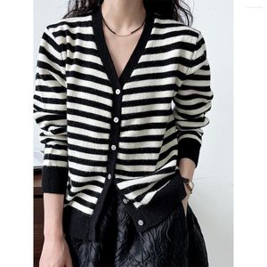 Women's Knits Women Stripe V-Neck Knit Cardigan Thin Sweater Coat Black White / Red Green Brown