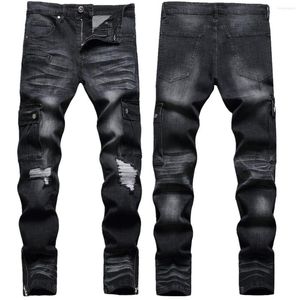 Мужские джинсы мода мягкая эластичная тощая для мужчин. Стильные черные разорванные повседневные комфортные ножки на молнии.