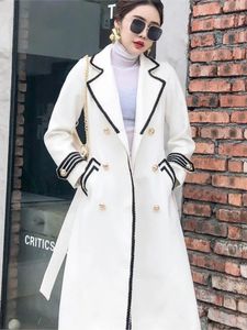 Women's Wool Blends White Woolen Coat Women Mid-length Autumn/Winter Jacket Coat British Hepburn Thicken Slim Black Double-breasted Coat Trench Coat 230821