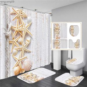 Shower Curtains Waterproof Printing Shower Curtain Beach Shell Starfish Bathroom Curtains Anti-skid Rugs Lid Cover Bath Mat R230822