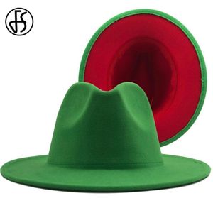 FS Christmas Green Red Patchwork Weddings Hat For Women Men Wool Wool poczuć Fedora Hat Wide Brim Godfather Hats Jazz Cap313o