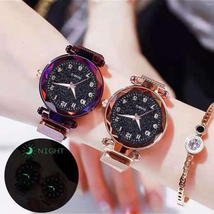 Wristwatches 2023 Women'S Diamond Glow Luxury Quartz Watch Luminous Surface Digital Magnetic Strap Student