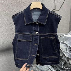 Kvinnors västar mode kvinnor denim väst marinblå avveckla krage ärmlös jacka vår höstens kontor lady singel breasted waistcoat