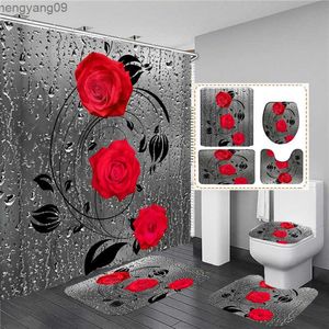 Shower Curtains Red Blue Pink Rose Print Shower Curtain with Bathroom Mat Set Anti-slip Soft Bath Carpet Lover Valentines Home Decoration R230822