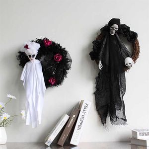 Halloween Black White Ghost Door Hanging Ghost Festival Horror Party Wreath Ghost Head Ornaments Haunted House Decoration Props Q0237Z