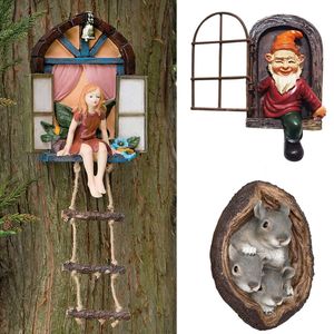 Dekorativa föremål Figurer Fairy House Tree Hängande figurfönster som sitter Fairy Star Harts Hantverk Statue Outdoor Ornament for Home Garden Decor 230821