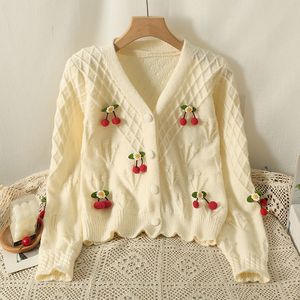 Kobiety Knits Tees hikigawa elegancka moda Kobiety jesienne słodkie 3D wiśniowe dzianiny swetra luźne v sweatre płaszcze swobodne topy odzieży wierzchniej mejr 230821