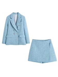 Tvådelad klänning eleganta kvinnor blå tweed blazer kappa vårjacka set hög midja minikjol shorts för kontor damkläder ytterkläder 230822