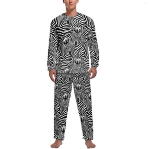 Mäns sömnkläder trendig sebra tryck pyjamas vinter 2 stycken svartvitt mode pyjama sätter män långärmad sovrum tryckt nattkläder