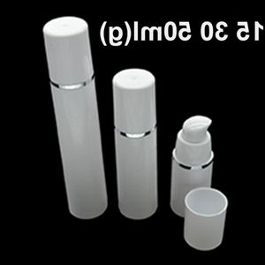 30pcs 15ml 30 ml 50 ml reine weiße zylindrische Silberkante leere kosmetische Packungsbehälter Kunststoff Emulsion luftlose Pumpenflaschen MWSJM