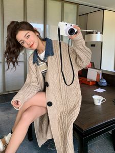 Women's Knits Tees Vintage Khaki Denim Lapel Patchwork Knitted Cardigan Long Sleeve Single Breasted Coat Autumn Loose Y2k Sweater Jacket Chic 230821