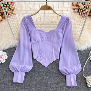 Frauenblusen Puff Langarm Shirt Frauen Frühling Herbst Korean Chic All-Mathe Square Cchar Blouse Mode unregelmäßig kurzes Top