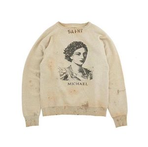 Erkek Hoodies Sweatshirts Saint Michael Portre Graffiti Baskı Yıkanmış Sıkıntı Deliği Yuvarlak Boyun Kazak Vintage Erkek Kadınlar 1 Highquality 230821