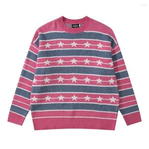 Erkek Sweaters Kontrast Renkli Yıldızlar ve Çizgili Külot Kazak Erkekler Mürettebat Boyun Bulggy Y2K Sıradan Ropa Hombre Örme Giysileri Büyük Boy