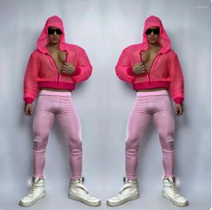 Indossare palcoscenico maschio hip hop danza in costume fluorescente con cappuccio rosa pantaloni per pantaloni magri da nightclub.