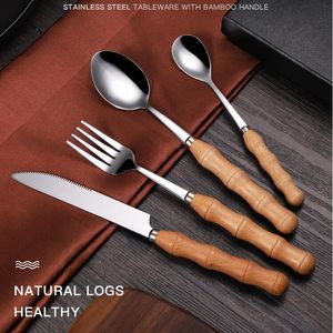 Wood Handle Flatware Sets 4pcs/set Knife Fork Spoon Dinnerware Stainless Steel Flatware Steak Knife Scoop Wedding Favor Gifts Q510