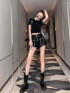 Damskie szorty punkowe dżinsowe czarna moda gotycka dziewczyna elegancki zamek błyskawiczny seksowny łańcuch High talia lato