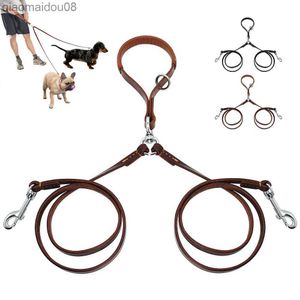 Dog Collars Leashes 2 Ways Dog Leash Double Two Pet Leather Leads NoTangle Coupler With Handle for Walking and Training 2 Small Medium Dogs HKD230822