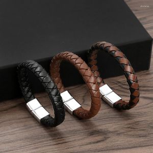 Charm Bracelets Classic Black Braided Leather Bracelet For Men Fashion Punk 19/21/23cm Magnetic Buckle Bangles Jewelry Gifts