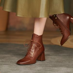 Boots Autumn Winter Women Square Toe High Heel Shoes For Black Leather Lace Up Handemade Botas de Mujer 230821