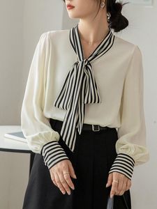 Women's Blouses Temperament Fashion Office OL Shirt Womens Blouse Vintage Work Chiffon Bow Tie Elegant Loose Casual Tops Female 2023