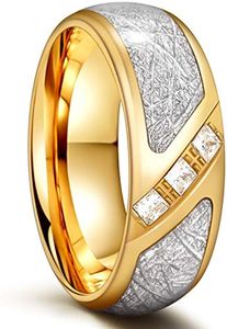 Anéis de aço inoxidável de 8mm para homens 24k ouro meteorito zircônia cúbica incrustação cúpula polida aliança de casamento conforto ajuste tamanho 7-15