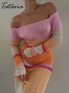 Urban Sexy Dresses Slash Neck Beach Dress for Women Hollow Out Maxi Bodycon Knitted Female Spring Stripes Long Holiday 2023 230821