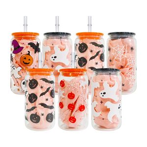 Halloween design UV printed 3D touch leak proof 16oz clear transparent beer glass can Mix Colors with plastic lid and clear PP straw for home office travel camping