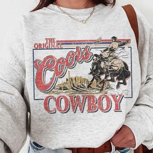 Kvinnors hoodies tröjor Autumn Vintage Style Cowboy Printing Crewneck Sweatshirt unisex Loose Cotton Thick Warm Women Pullovers Casual Western Tops 230822