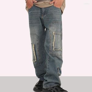 Men's Jeans Y2K Vintage Washable Plush Edge Multi Pocket Straight Tube Small Style Design Loose Relaxed Pants