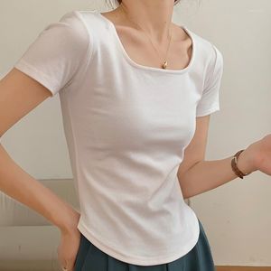 Kadın Tişörtleri Kore Şık Yaz S Kısa Kollu Düz Renkli Pamuk İnce U-Yastlı Temel Bahar Kadın Üstleri Bluz Kıyafetleri